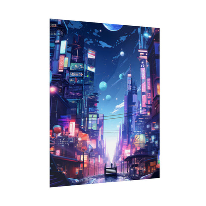 Melancholic Night in Cyberpunk City: Urban Landscape Art - Poster