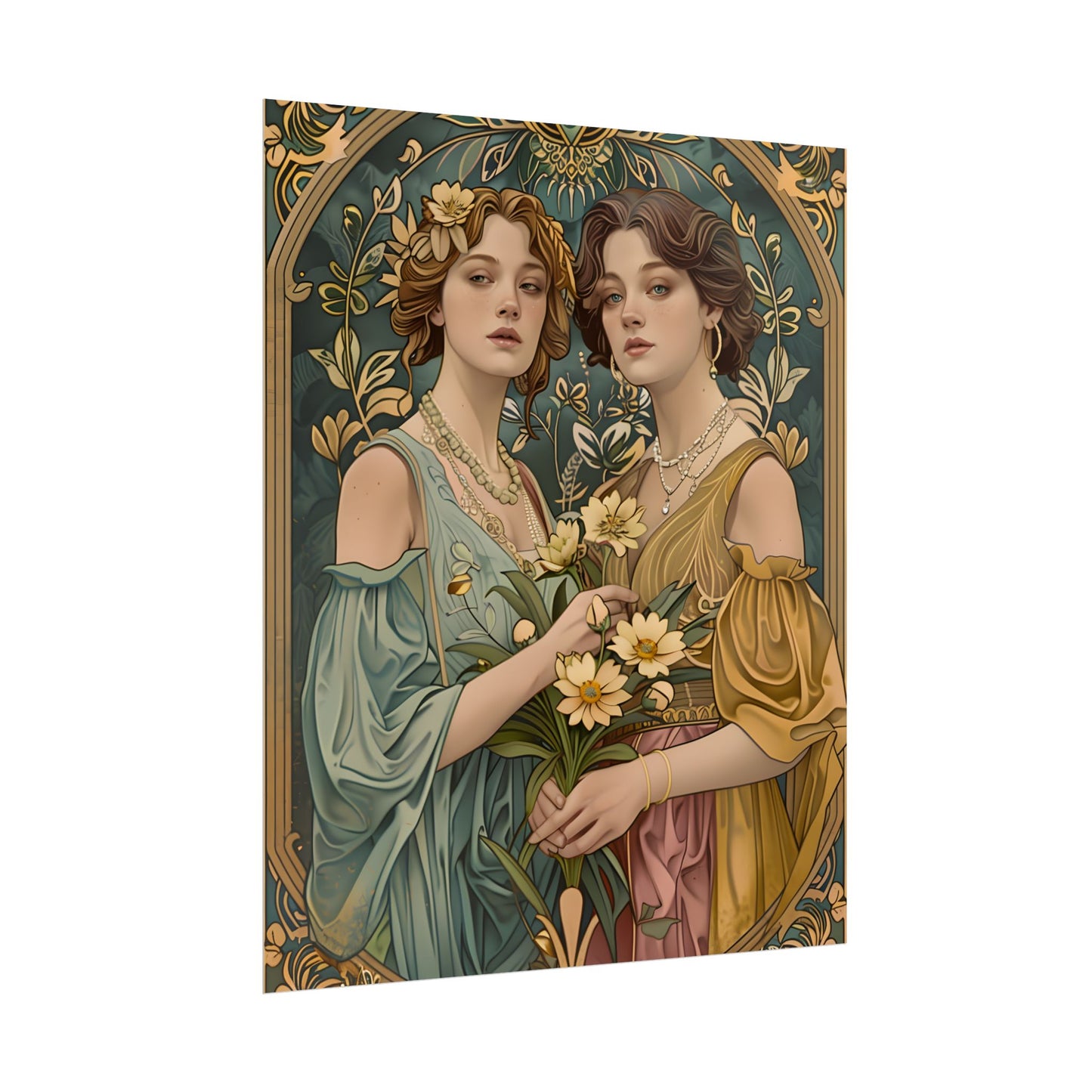 Two Women in Ornate Attire Holding Primr: Traditional Turkish Artwork - Poster