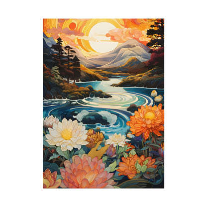Peaceful River Landscape: Flowers Blooming - Poster