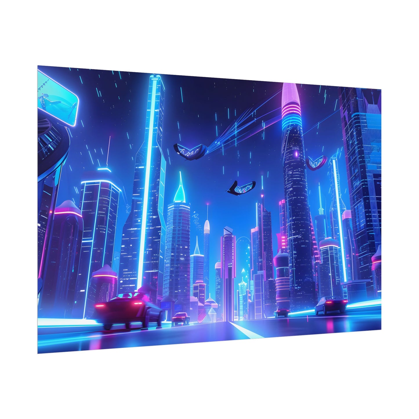 Vibrant Futuristic Cityscape: Neon Lights at Night Digital Artwork - Poster