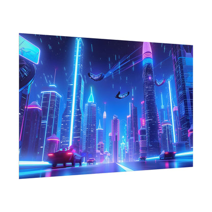 Vibrant Futuristic Cityscape: Neon Lights at Night Digital Artwork - Poster