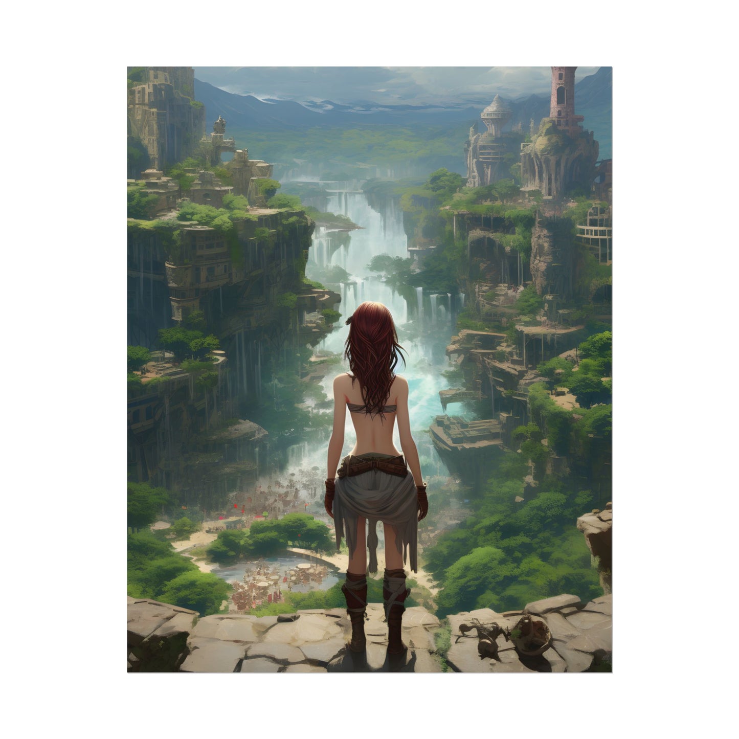 Dramatic Birds Eye View: Red Haired Anime Girl in Urban Landscape - Poster