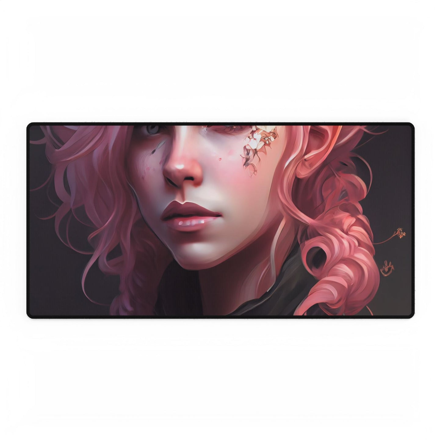 Astonishing Female Portrait: Vibrant Pink Hair in Dark Elegance - Desk Mat
