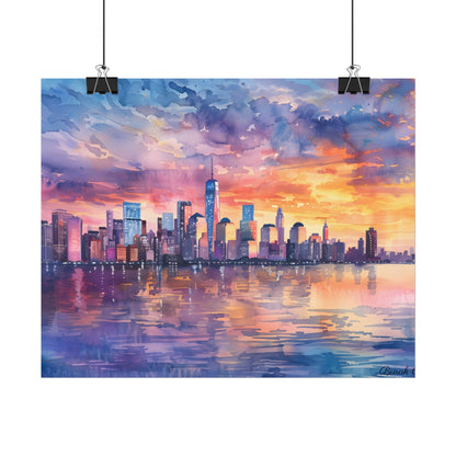 Serene NYC Sunset: Watercolor Skyline Reflections - Poster
