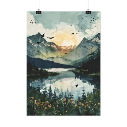 Serene Mountain Lake: Birds in Flight - Natural Art - Poster