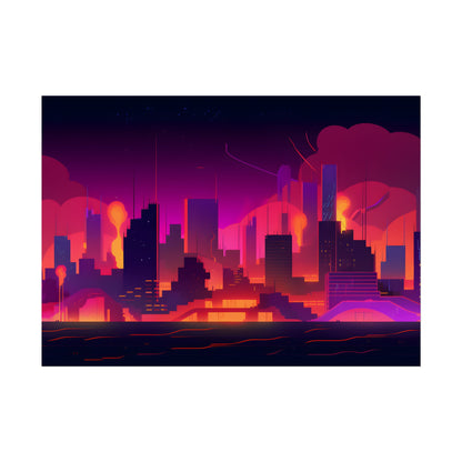 Burning Cyberpunk Cityscape: Nighttime Digital Artwork - Poster