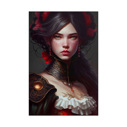 Elegant Black Hair Portrait in White Dress - Poster