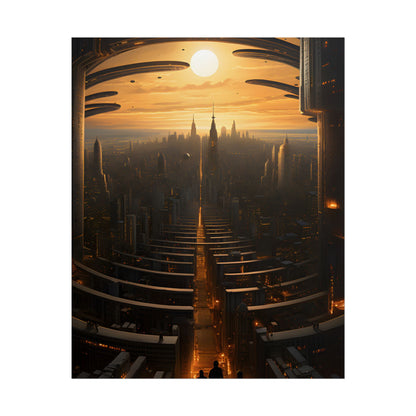 Dystopian Utopia: Futuristic Cityscape with Dark Facade - Poster