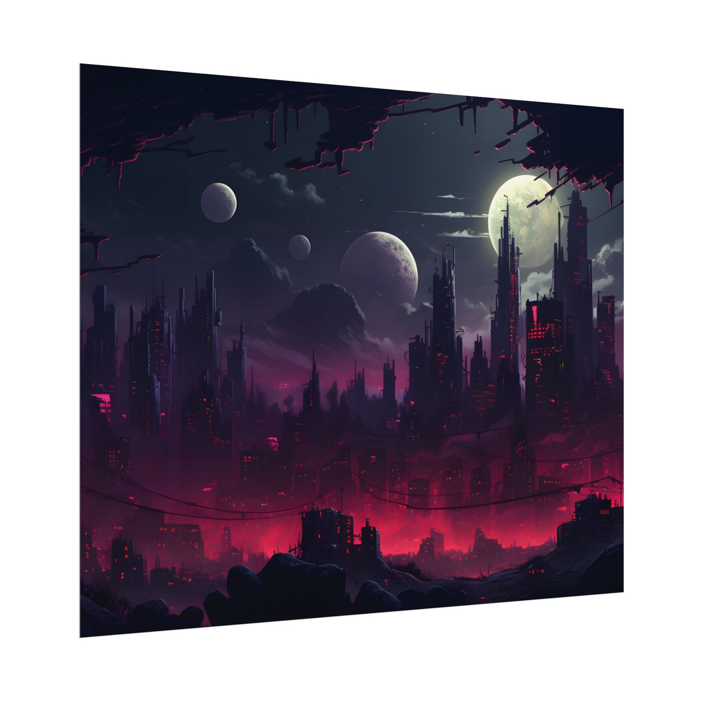 Burning Cyberpunk Cityscape at Night: Digital Art - Poster