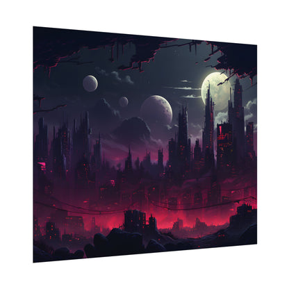 Burning Cyberpunk Cityscape at Night: Digital Art - Poster
