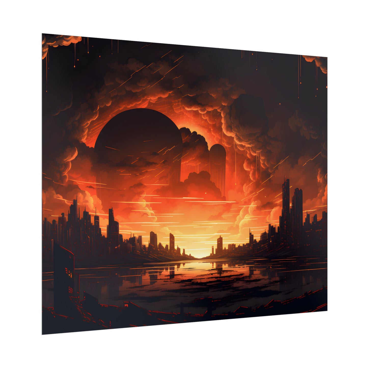 Futuristic Cyberpunk Night: Burning Cityscape Landscape Art - Poster