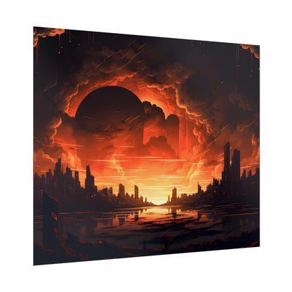 Futuristic Cyberpunk Night: Burning Cityscape Landscape Art - Poster
