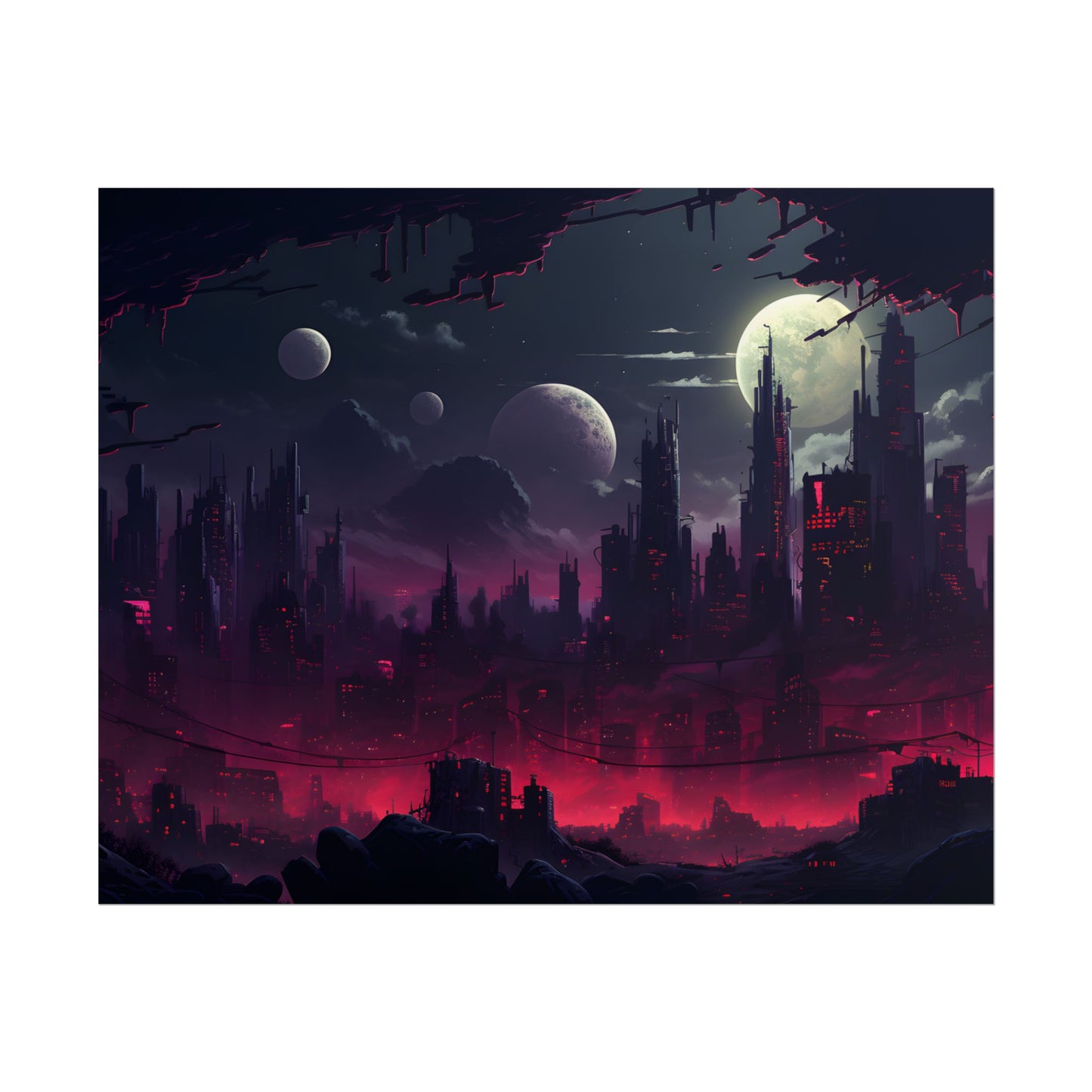 Burning Cyberpunk Cityscape at Night: Digital Art - Poster