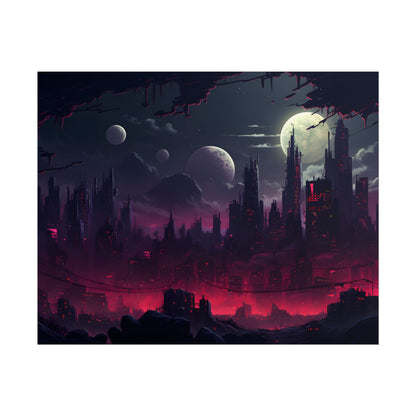 Burning Cyberpunk Cityscape at Night: Digital Art - Poster