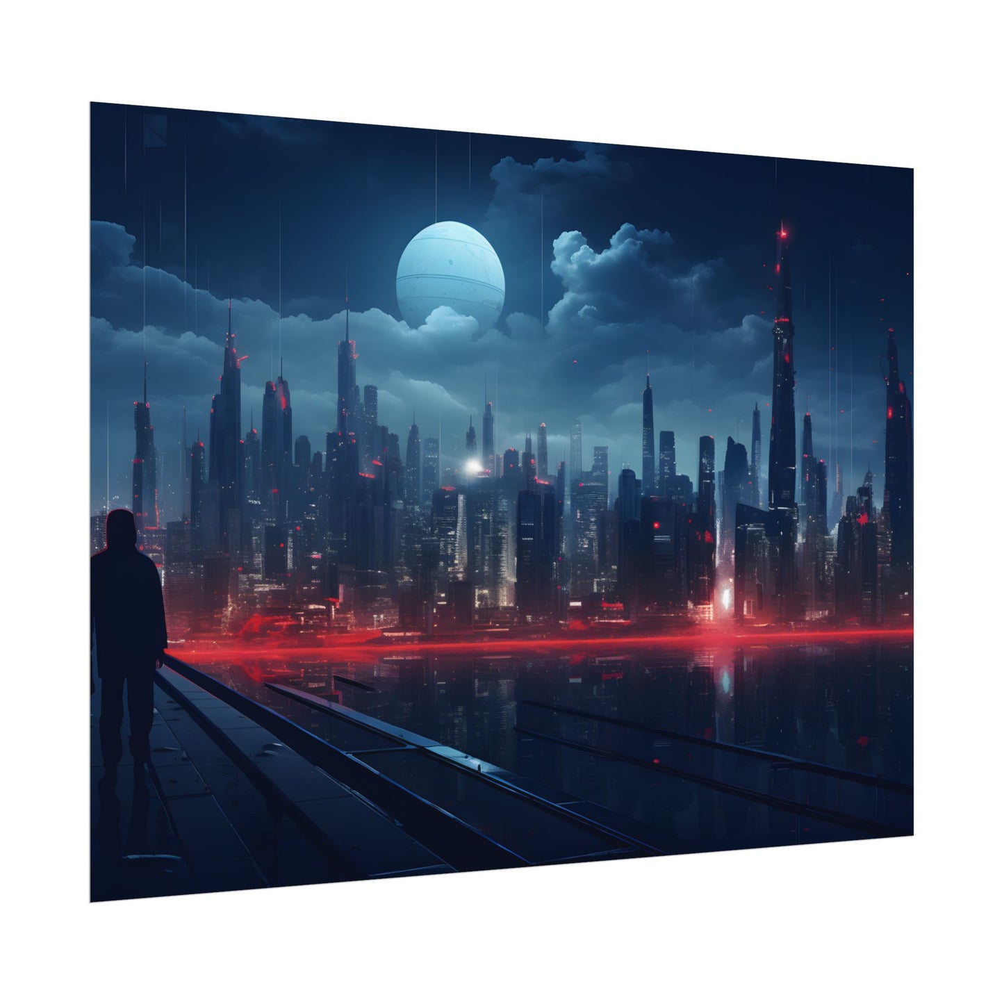 Melancholic Night: A Solo Figure in Cyberpunk Cityscape - Poster
