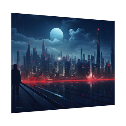 Melancholic Night: A Solo Figure in Cyberpunk Cityscape - Poster