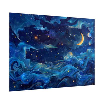Whimsical Dreamy Night Sky: Stars, Moon, and Shooting Star - Poster