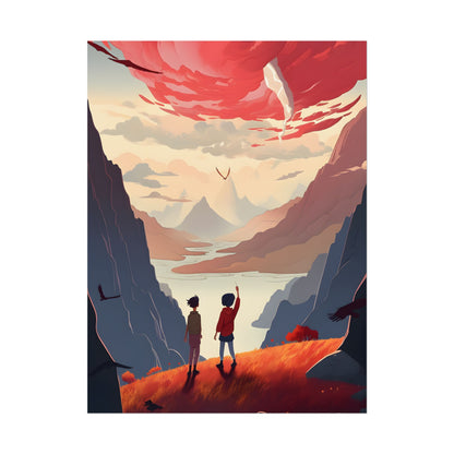 Serene Meadow Scene: Girl & Boy Under Cloudy Sky - Poster