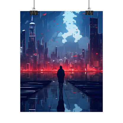 Cyberpunk Night Cityscape: A Melancholic Moment - Poster