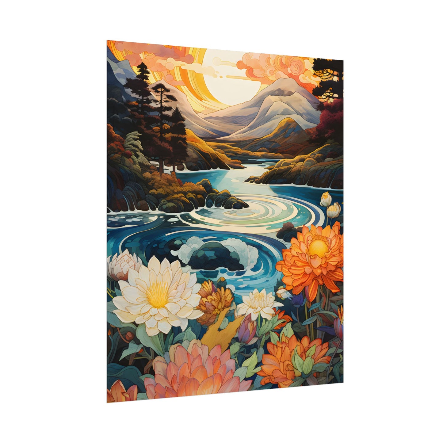 Peaceful River Landscape: Flowers Blooming - Poster