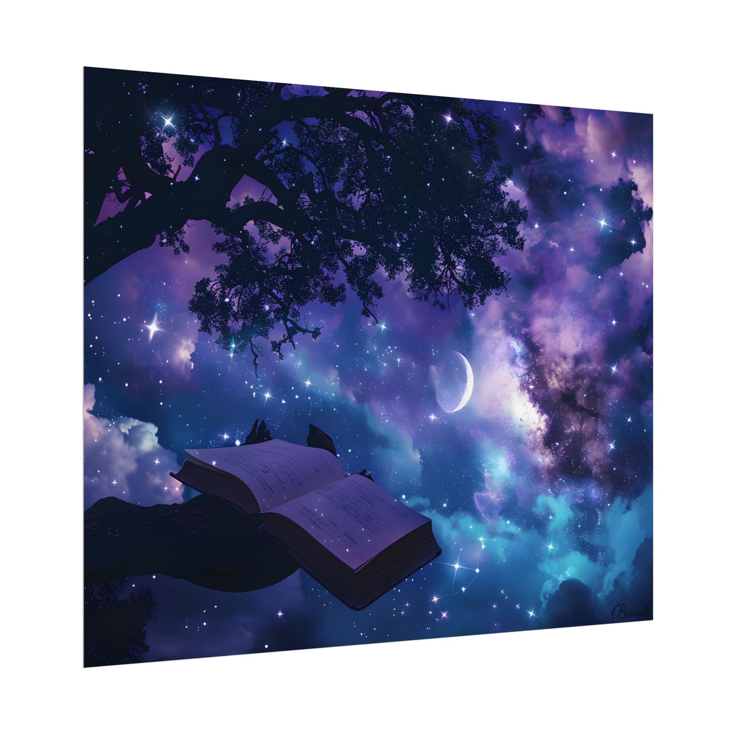Mystical Night Sky: Celestial Dreams with Crescent Moon Art - Poster