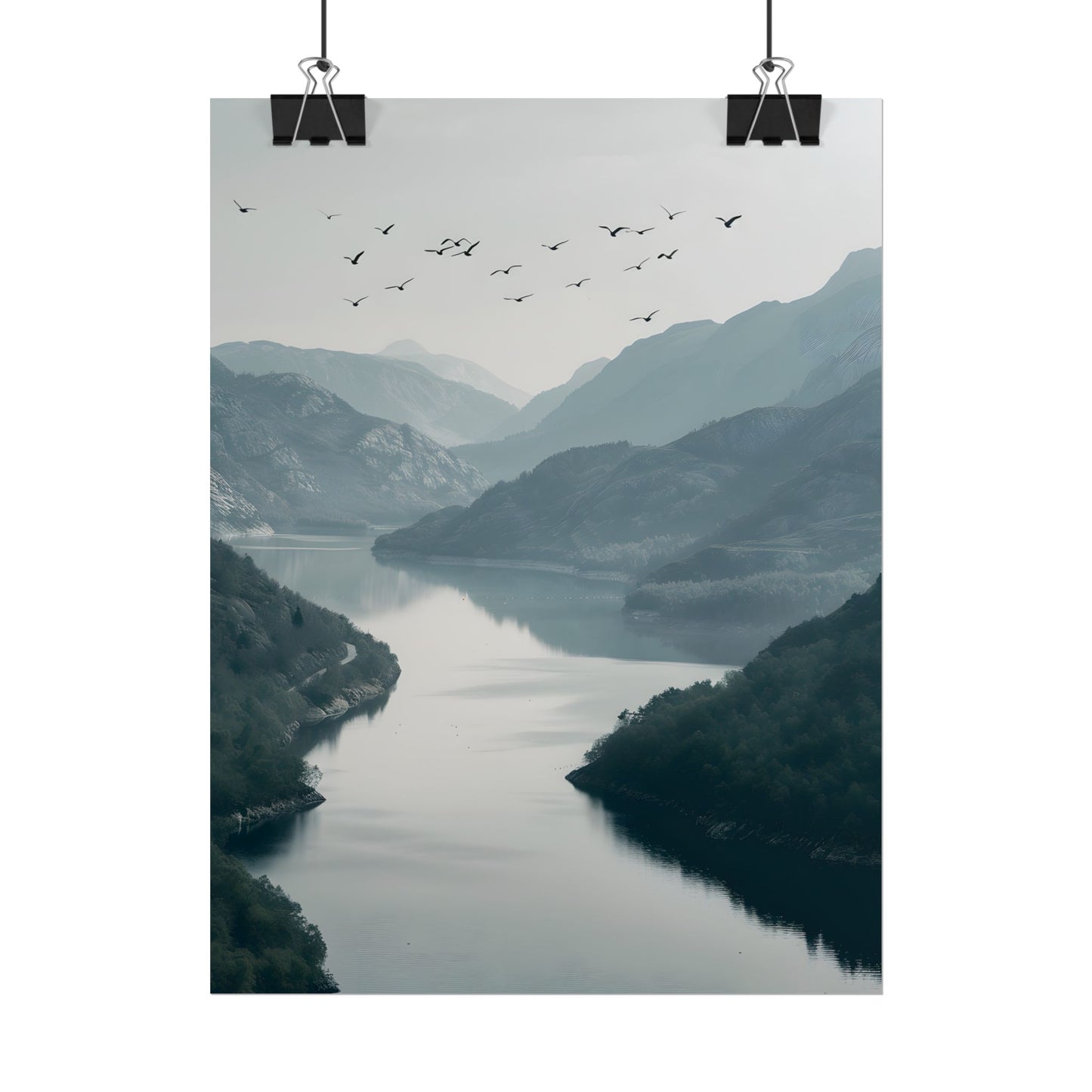 Peaceful Mountain Oasis: Serene Birds Eye View Artwork - Poster