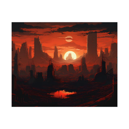 Cyberpunk Nighttime Cityscape: Burning City Digital Art - Poster