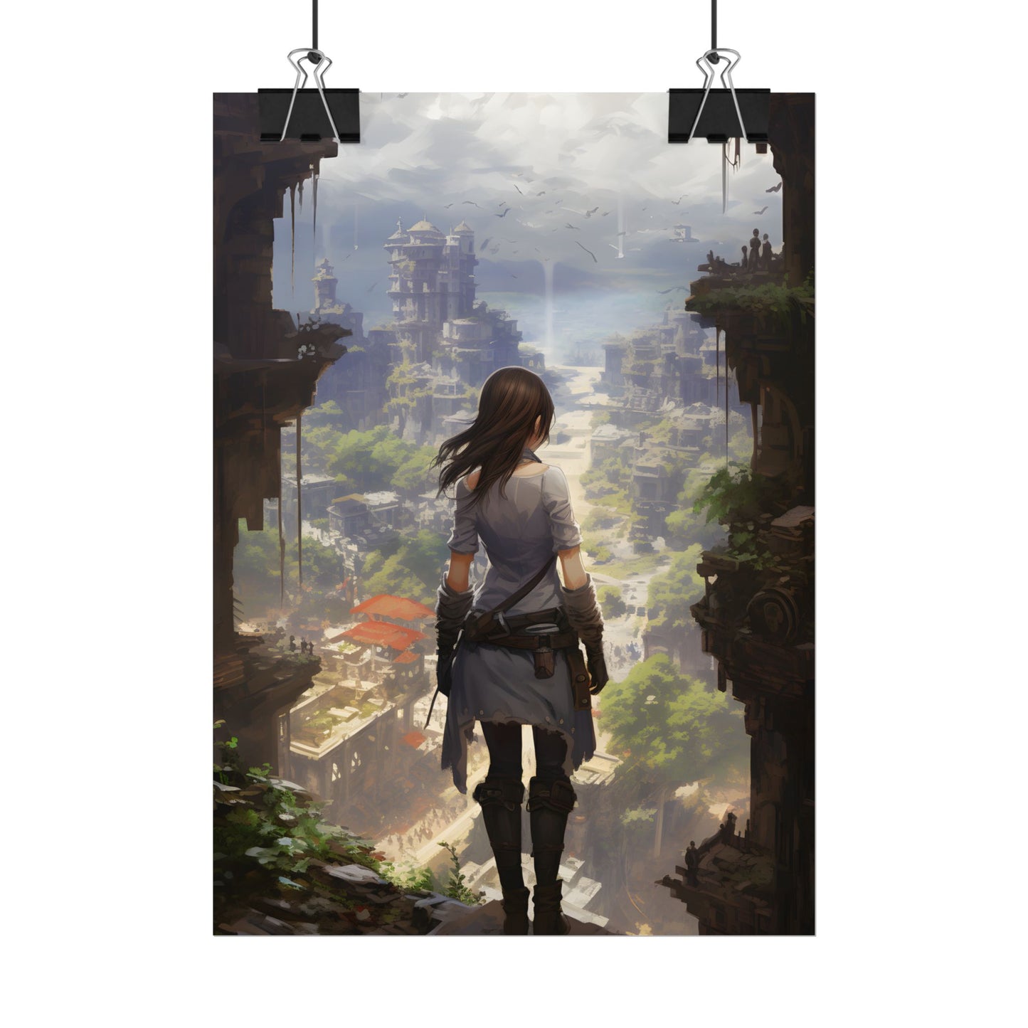 Dramatic Anime City Warrior: Bird's Eye View Digital Art - Poster