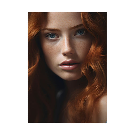 Redhead Woman Portrait: Fair Skin and Dark Hair - Poster