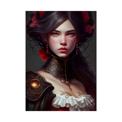 Elegant Black Hair Portrait in White Dress - Poster