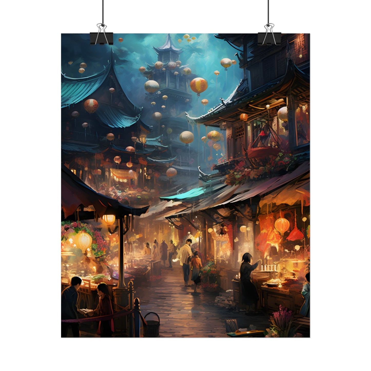 Enchanted Street Food Market: Vibrant Evening Artwork - Poster