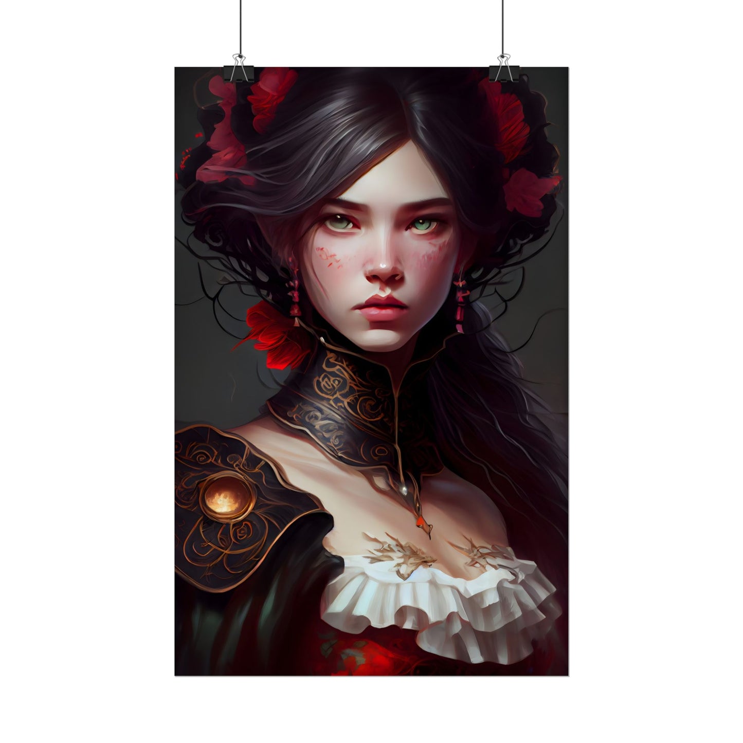 Elegant Black Hair Portrait in White Dress - Poster