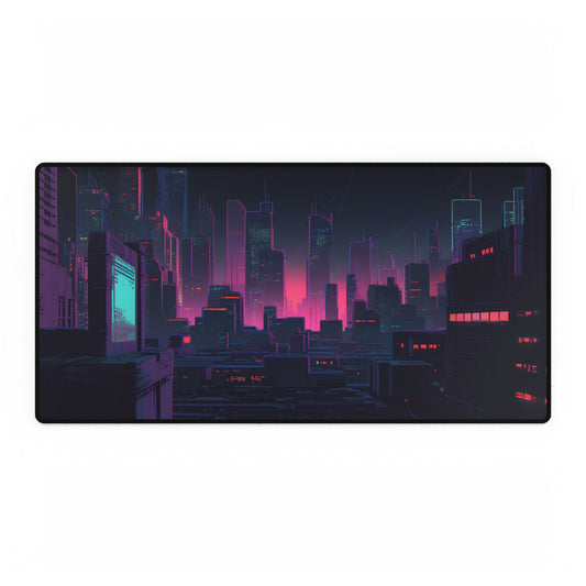 Melancholic Cyberpunk City: Nighttime Scene Digital Art - Desk Mat