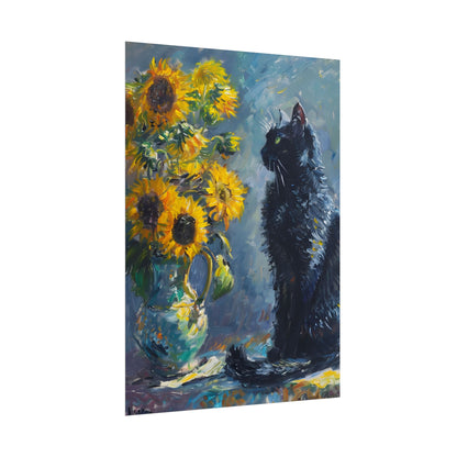 Whimsical Black Cat by Sunflowers: Serene Garden Art - Poster