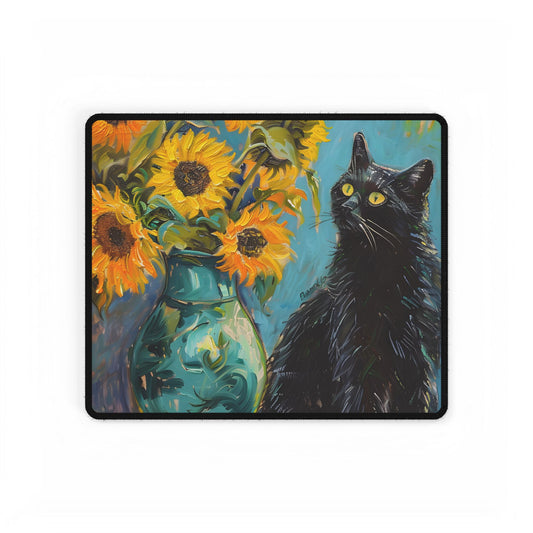 Whispers in the Garden: A Black Cat Among Sunflowers - Desk Mat