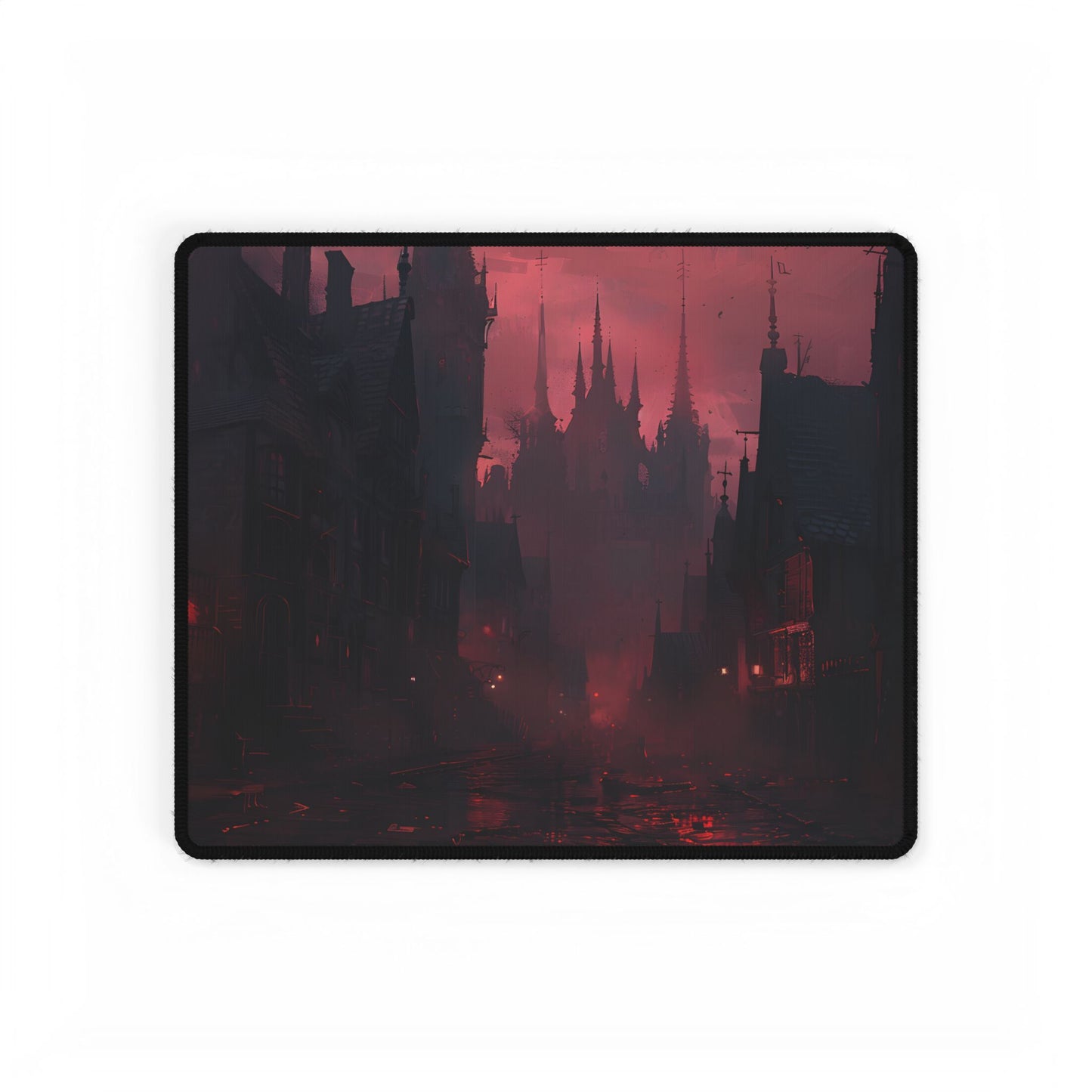 Dark Gothic Cityscape: A Serene Misty Dusk Scene - Desk Mat