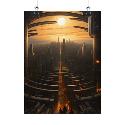 Dystopian Utopia: Futuristic Cityscape with Dark Facade - Poster
