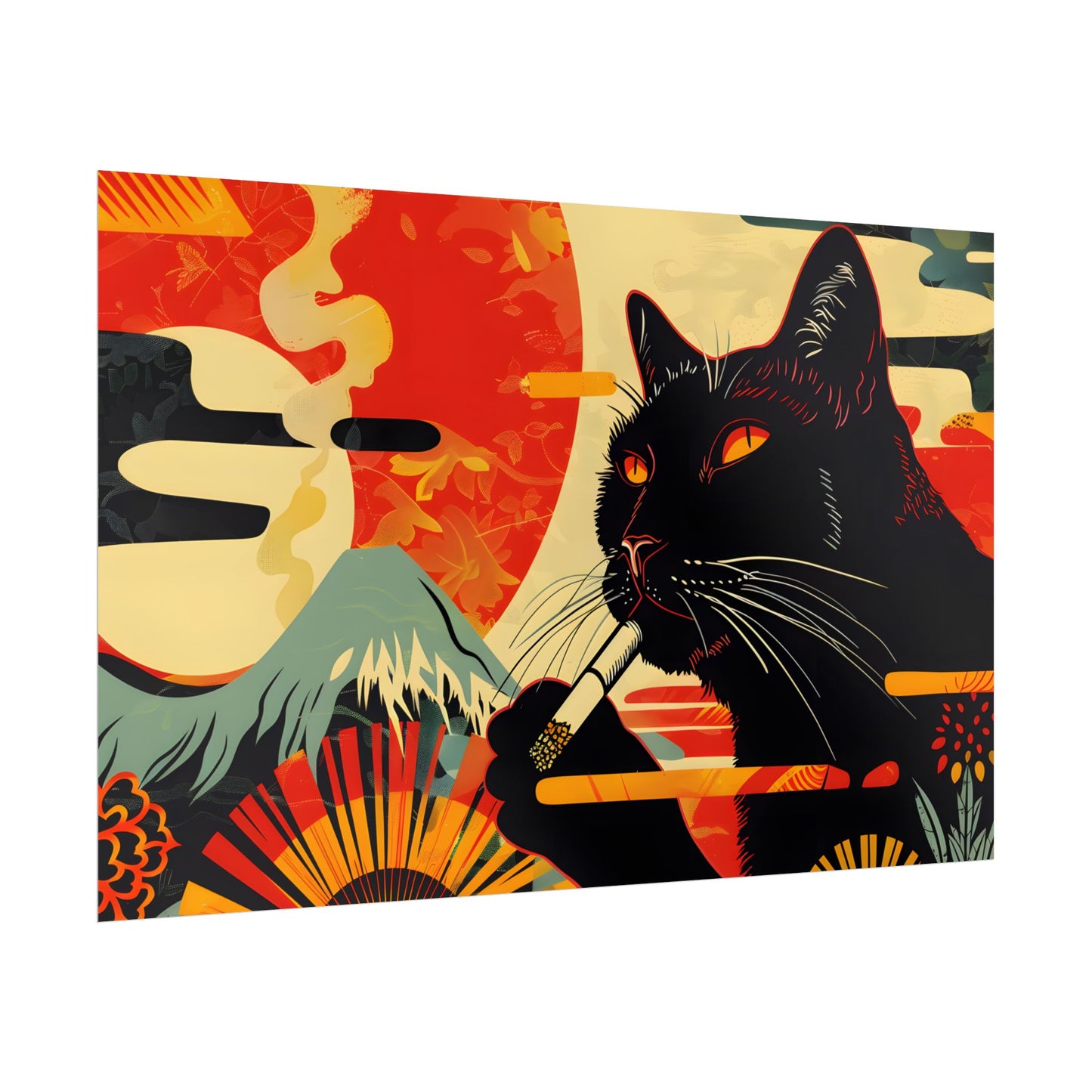 Whimsical Cat Smoking: Red & White Stripe Artwork - Poster