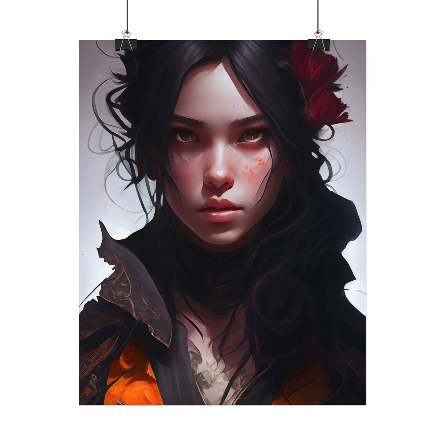 Black Hair Female Portrait: Elegant Dress Artwork - Poster