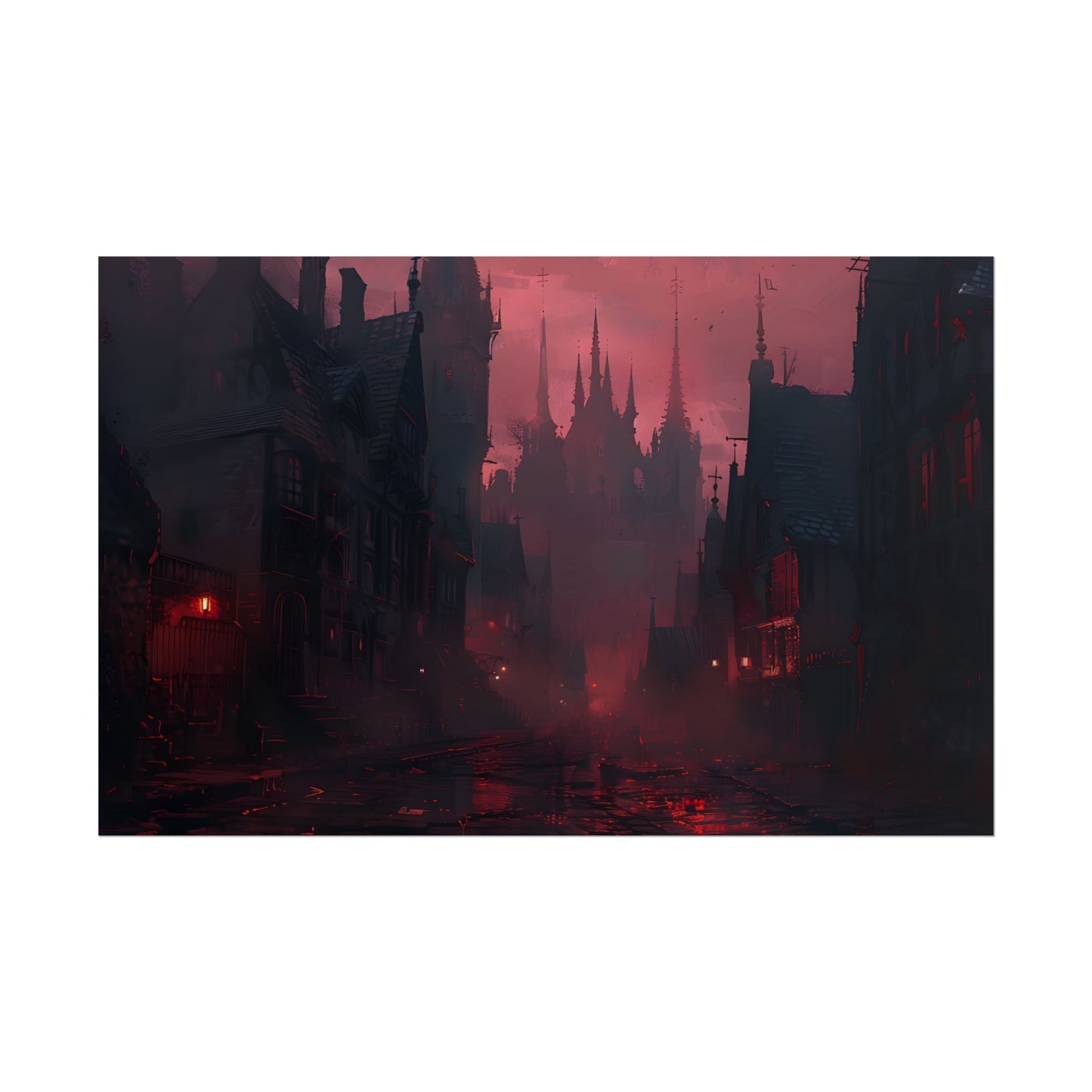 Dark Gothic Cityscape: A Serene Misty Dusk Scene - Poster
