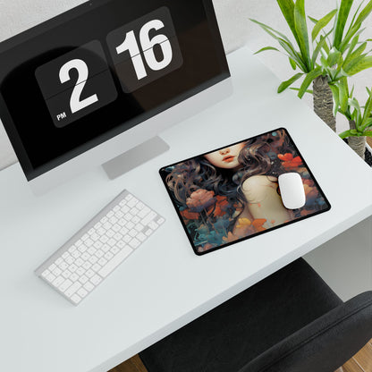 Peaceful River Garden: A Tranquil Landscape with Roses - Desk Mat