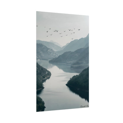 Peaceful Mountain Oasis: Serene Birds Eye View Artwork - Poster