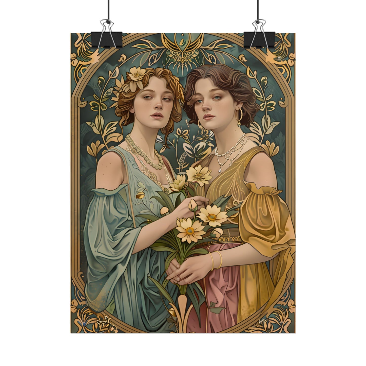 Two Women in Ornate Attire Holding Primr: Traditional Turkish Artwork - Poster