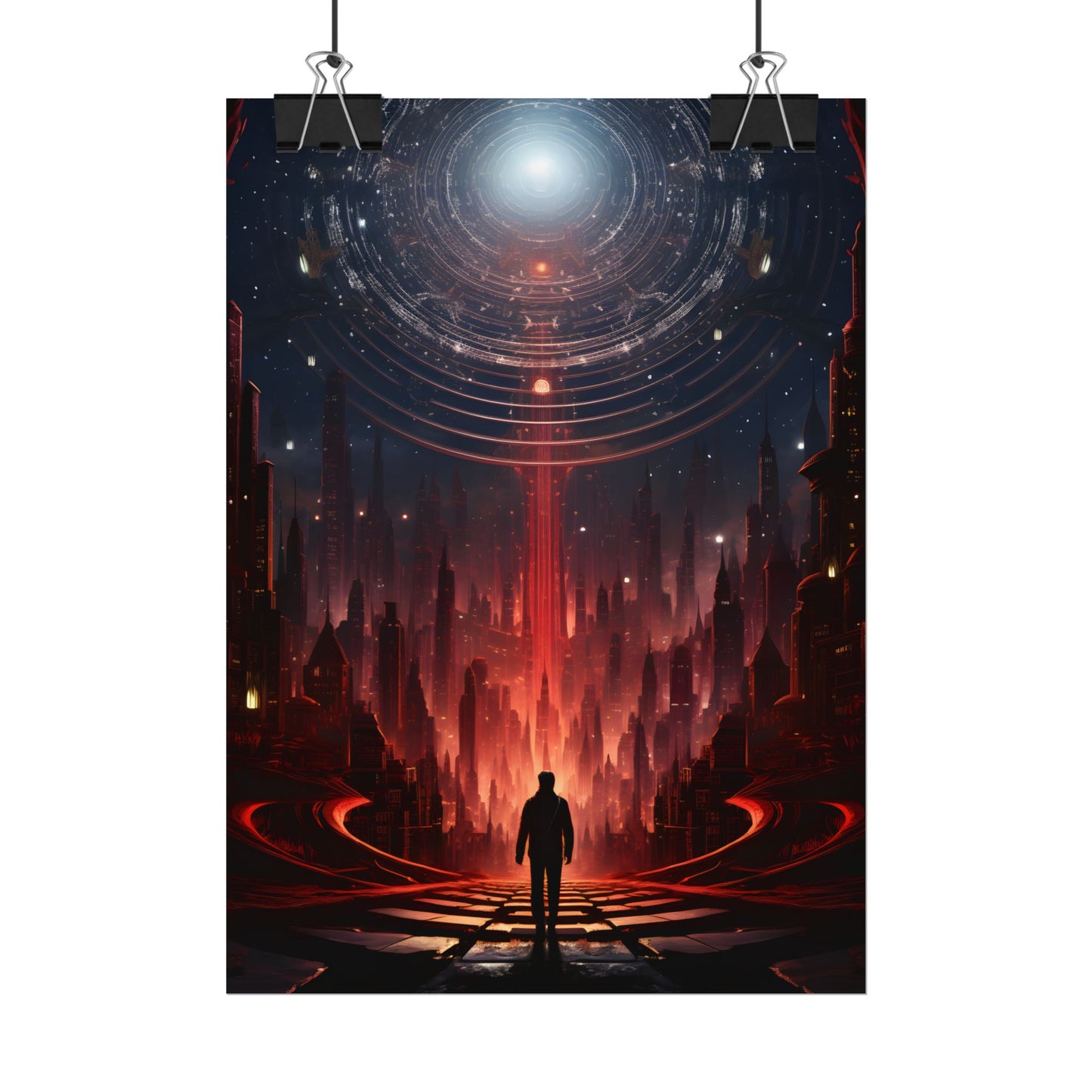 Futuristic Cityscape: Neon Sky Meets Nature's Harmony - Poster