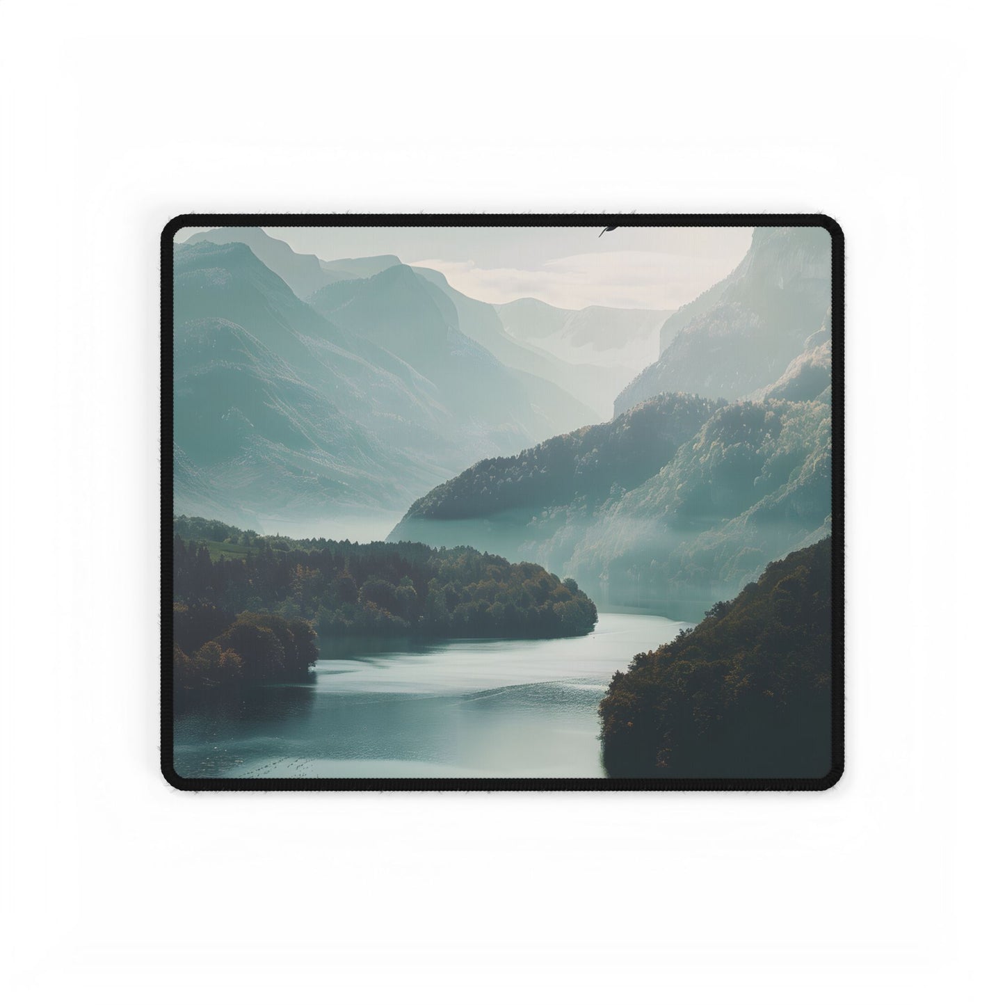 Explore Serene Mountains and Lake: Aerial Perspective Digital Art - Desk Mat