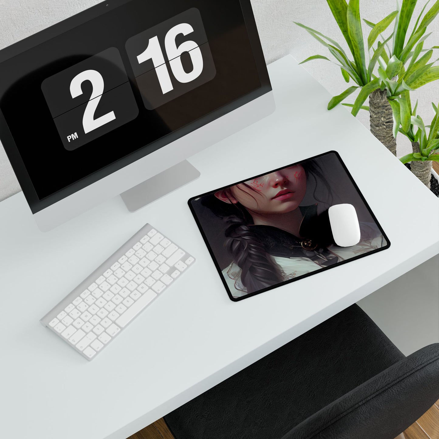 Realistic Female Portrait in Black Hair and Dress - Desk Mat
