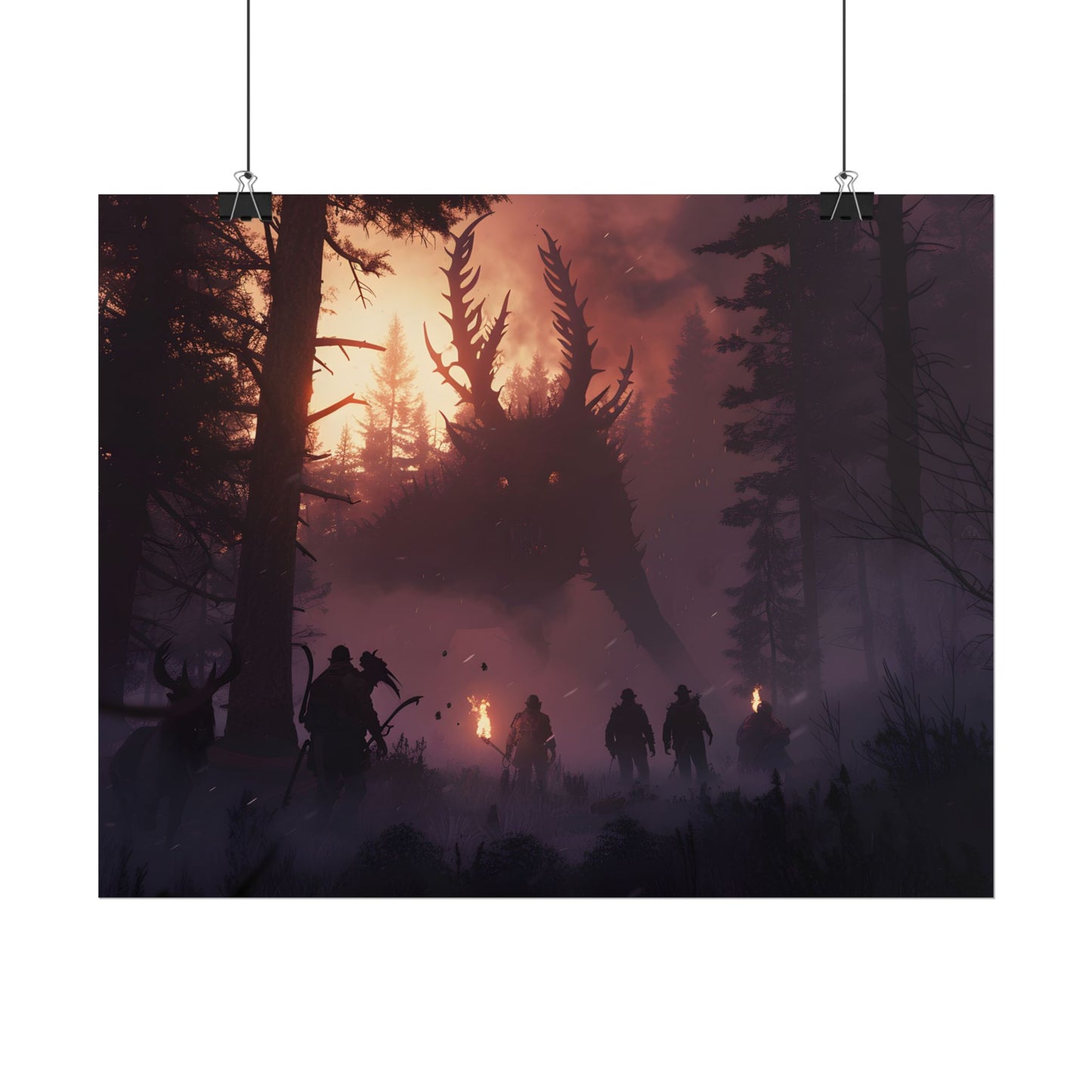 Serene Forest Sunset: Group Walking Through Misty Landscape - Poster