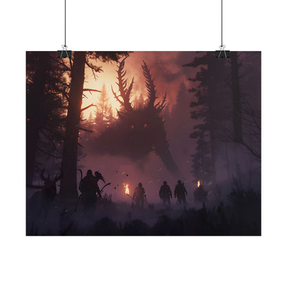 Serene Forest Sunset: Group Walking Through Misty Landscape - Poster