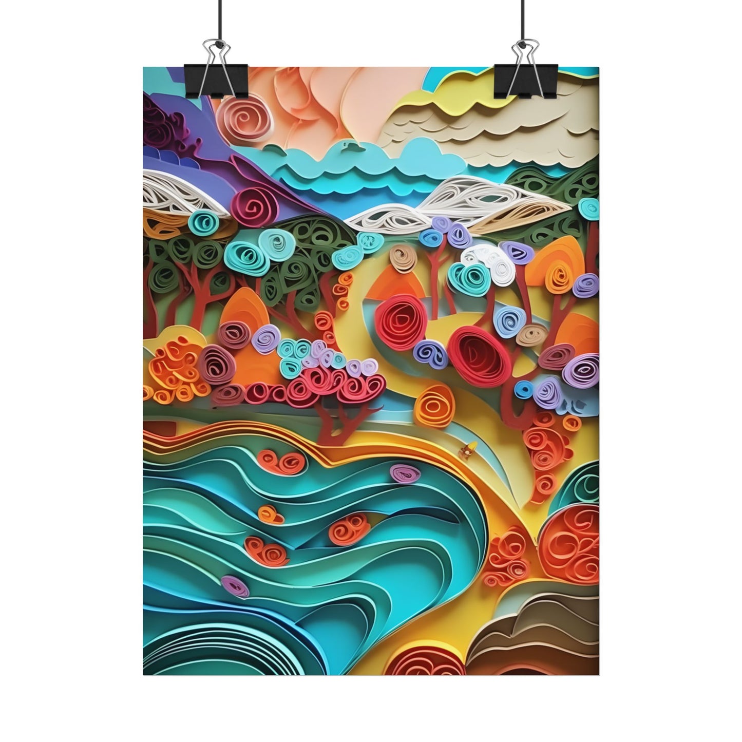 Paper Quilled Beach Bliss: Artistic Coastal Landscape - Poster