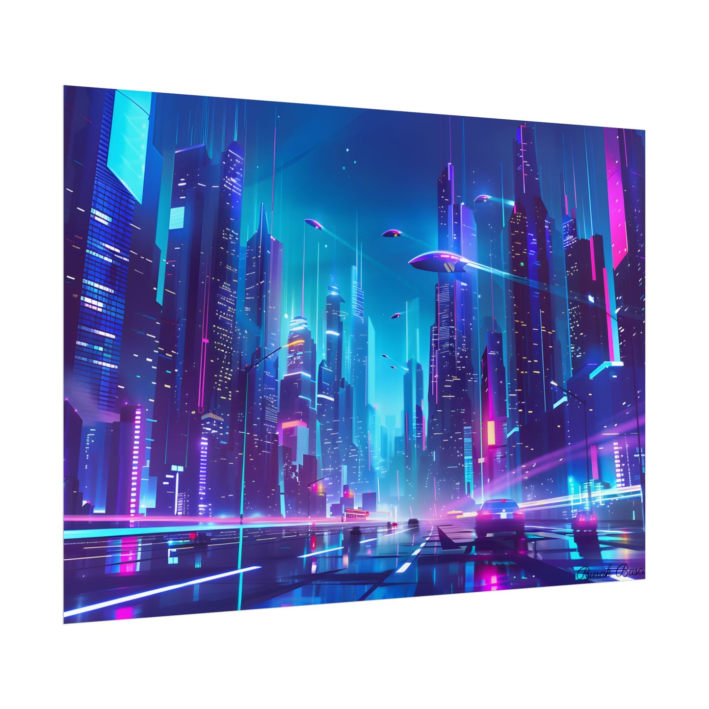 Futuristic Neon City: Towering Skyscrapers in a Vibrant Nighttime Sky - Poster